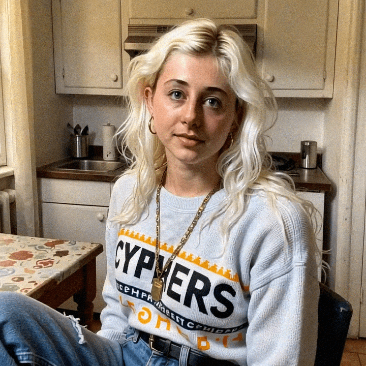 Emma-Jane MacKinnon-Lee with cypher-like markings and layered text