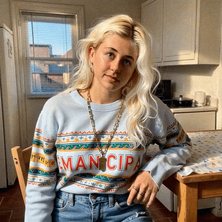 Emma-Jane MacKinnon-Lee framed by symbols of emancipation