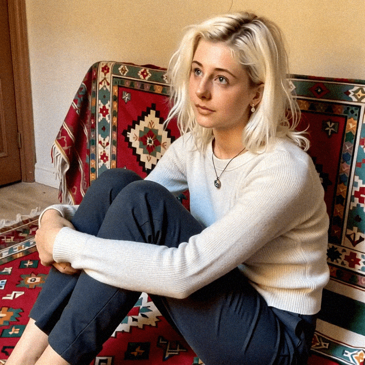 Emma-Jane MacKinnon-Lee sitting on persian rugs